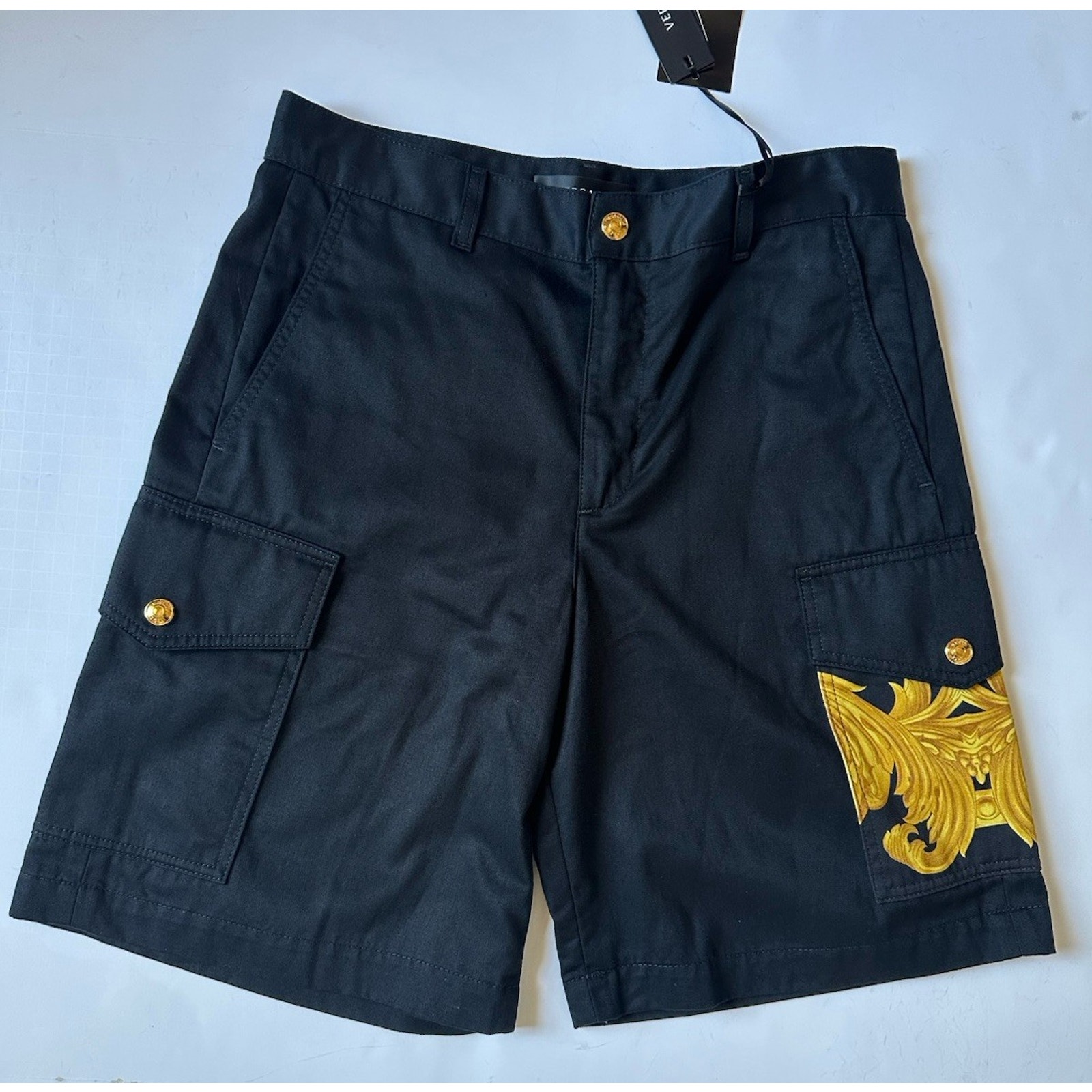 Versace Heritage Print Black Drill Fabric Shorts 50 Euro (34”) 1014373 Nwt $900